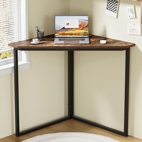 VECELO Corner Desk,Office Tables for Living Room for Small Space Triangle Computer Desk with Steel Frame Corner Shelves with Metal Frame Writing Desk for Workstation Retro Brown 33.1" - color: Retro Brown, size: 33.1"