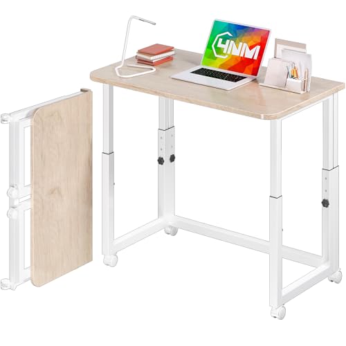 4NM No Tool Assembly 31.5" Small Desk, Folding Portable Desk with Wheels, Adjustable Height Foldable Computer Home Office Desks, Collapsible Study Writing Table for Space Saving Bedroom - Cloud Oak - color: Cloud Oak, size: 31.5"