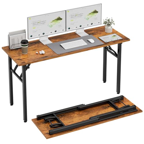 TEMI Long Computer Desk Folding Table - 55.1 Foldable Office Desk, No Assembly, Perfect Writing Table for Bedroom, Dorm, or Apartment, Portable Large Desk or Study Table with Compact Design, Brown - color: Rustic Brown, size: 55.1 Inch, style: NO Power Ou