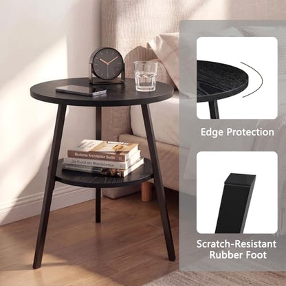 Small Round Side Table, End Tables Living Room, Black | 2-Tier Side Table with Storage Shelf for Small Spaces, Bedside Accent Table for Living Room, Bedroom, Metal Frame & Wood Top - color: Black Ash
