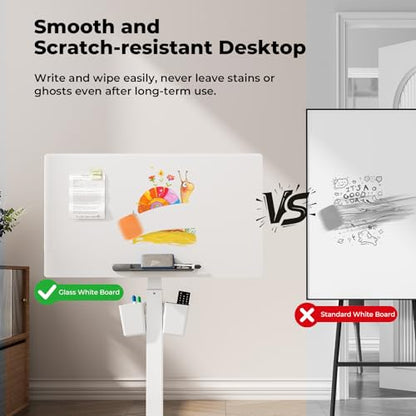 35" Glass Mobile Standing Desk with 90° Tilt, Rolling Whiteboard on Wheels | Height Adjustable Portable Drafting Table with Storage, Small Foldable Laptop Desk for School Home Office, White