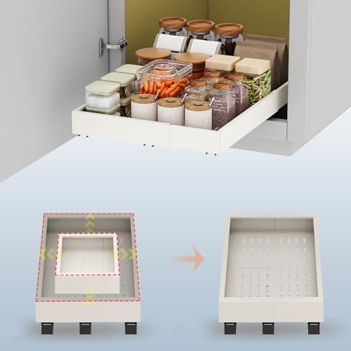 Pull out Cabinet Organizer,Expandable Width(11"-16"),Depth(17"-24") with 3 Rails,Roll out Drawers,No Drill Adjustable Slide out Shelves for Kitchen,Pantry,for Both Lip and Lip-Free Cabinets,White(1PC) - color: White, size: (11"W-16"W)X(17"D-24"D)