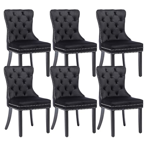 KCC Velvet Dining Chairs Set of 6, Upholstered High-end Tufted Dining Room Chair with Nailhead Back Ring Pull Trim Solid Wood Legs, Nikki Collection Modern Style for Kitchen, Black - color: Black, size: Set of 6