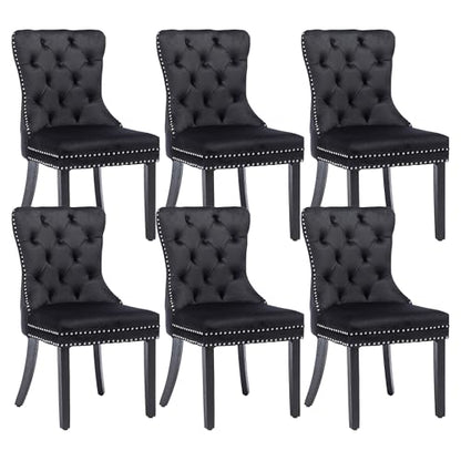 KCC Velvet Dining Chairs Set of 6, Upholstered High-end Tufted Dining Room Chair with Nailhead Back Ring Pull Trim Solid Wood Legs, Nikki Collection Modern Style for Kitchen, Black - color: Black, size: Set of 6