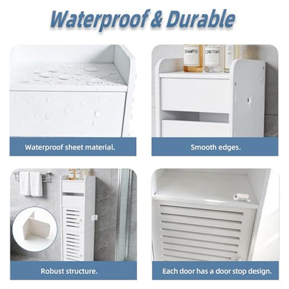 BorealBear Slim Bathroom Storage Cabinet with Toilet Paper Holder, Narrow Bathroom Cabinet for Small Spaces, Freestanding Organizer with Door & Shelves, Space Saving White Bathroom Cabinet