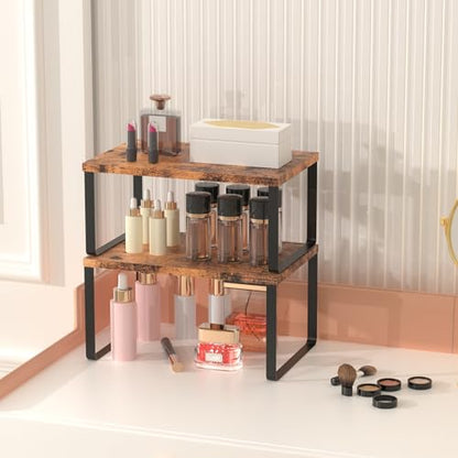 CADUKE Set of 4 Counter Shelves Kitchen Cabinet Shelf Organizer Brown | Countertop Organizer,Counter Top Racks,Stackable, Expandable, Metal and Engineered Wood, for Bathroom - color: Brown
