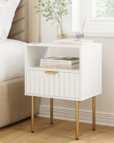 Night Stand,Modern Bedside Table with Drawer and Shelf,White Night Stand with Gold Frame,Small Side Table for Bedroom,Living Room - color: White
