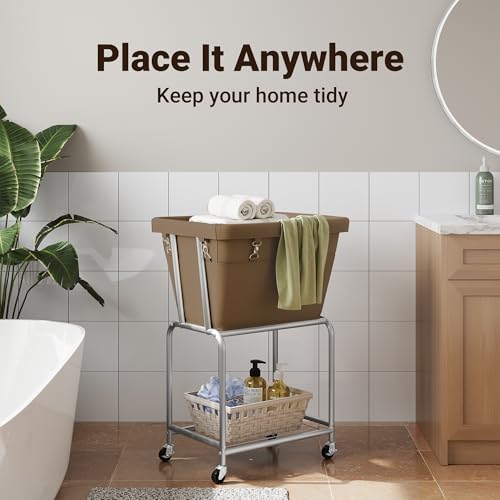 ELYKEN Rolling Laundry Hamper with Wheels, Removable Bag, Laundry Cart | Heavy Duty Metal Frame, 2-Tier Clothes Basket with Shelf, Ideal for Closet, Bedroom, Bathroom & Laundry Room - color: Camel Brown, size: 20.3"L x 15.9"W x 30.9"H
