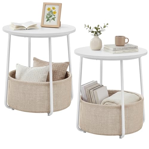 SONGMICS HOME Small Side Tables, Round End Tables, 2 Tier Nightstands with Basket, U Shaped Steel Legs, Easy Assembly, for Living Room, Bedroom, Set of 2, White and Brown - color: White + Brown, size: 2 pack