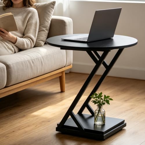 20In Round Side Table, 2-Tier Black End Table with Z-Shaped Metal Frame, Wood Grain Small Round Accent Table with Storage Shelf, Modern Sofa Side Table Nightstand for Living Room Bedroom - color: Black-z
