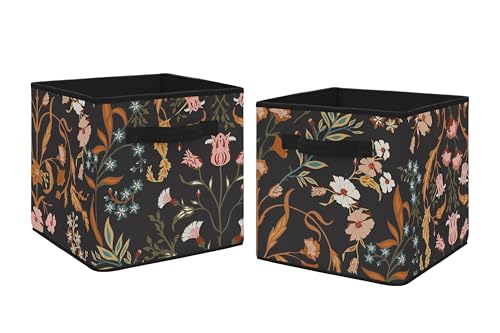 Sweet Jojo Designs Boho Wildflower Vintage Floral Girl Collapsible Fabric Storage Cubes Foldable Bins Organizer Boxes Kids Baby Childrens Toys Set of 2 Black Orange Teal Bohemian Farmhouse Cottagecore - color: Wild Flower Black