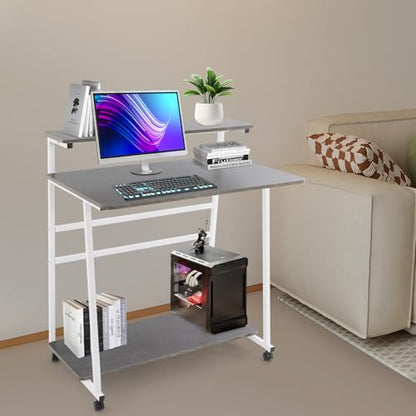 3 Tiers Rolling Computer Desk, 31.5 Inch Home Office Desk with 4 Wheels & 4 Foot Pads, Mobile Small Computer Desk, Student Study Table for Small Space Bedroom (White+Grey) - color: White+grey