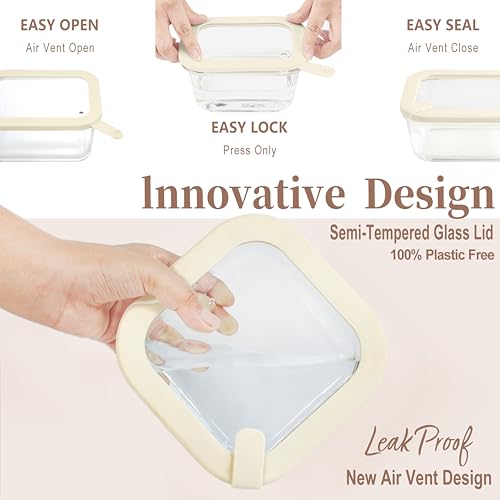 Urban Green Glass Food Storage Containers with Glass Lids, Microwave Safe Food Container Set, Airtight Meal Prep Containers, LeakProof, 100% Plastic Free, 6 Pack - color: ‎Ivory White -6p