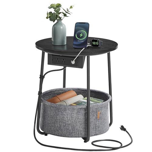 VASAGLE LILEA Collection - Side Table with Charging Station, Round End Table with Fabric Basket, Nightstand with USB Ports, for Living Room, Bedroom, Modern, Ebony Black and Slate Gray ULET228B01 - color: Ebony Black + Slate Gray, size: Without LED light