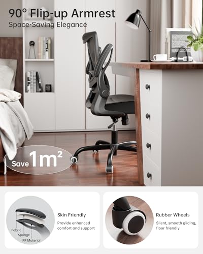 MUXX.STIL Office Chair, PU Leather Ergonomic Desk Chair with Adjustable Lumbar Support and Flip up Armrest, Breathable Mesh Computer Chair for Home Office, Black - color: Nori Black (Pu Leather Seat)