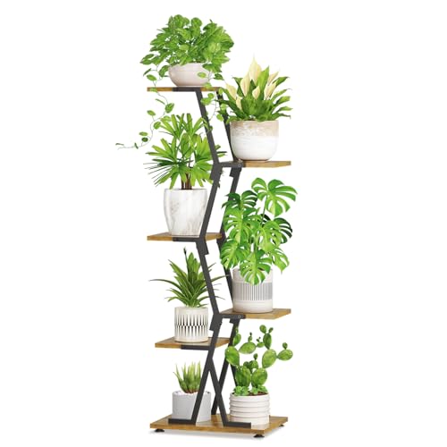 iDavosic.ly 5 Tier Indoor Plant Stand, Corner Tall Metal & Wood Flower Shelf, Orchid Display Rack for Living Room Balcony Patio Porch, Space Saving & Multifunctional Display, Black & Brown - color: Black and Brown, size: 5 Tiers