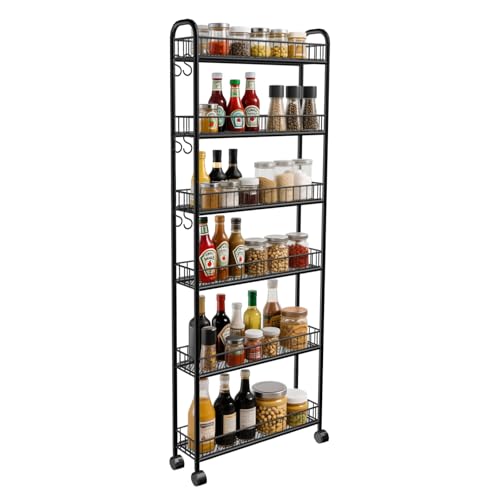 6in 6 Tier Slim Storage Cart with Wheels, Narrow Space Rolling Shelving Unit, Metal Wire Mobile Organizer Rack for Kitchen Bathroom Office Laundry - size: 6in Black Cart