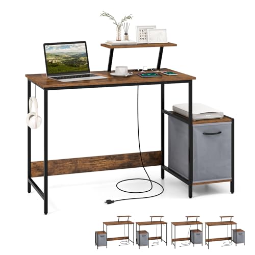Tangkula Computer Desk with Charging Station, Home Office Desk with Reversible Fabric Drawer, Headphone Hook & Elevated Shelf, Study Writing Table, Industrial PC Workstation for Home