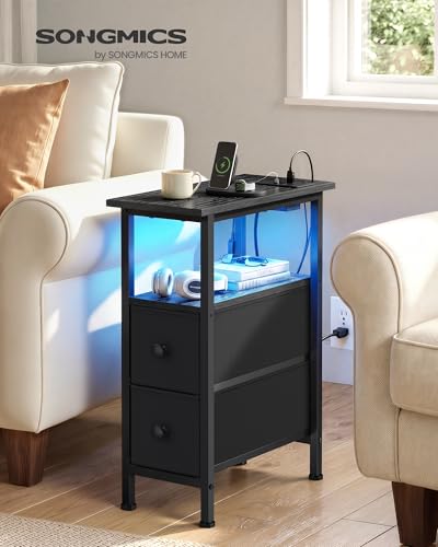 SONGMICS Side Table with LED Light, Narrow End Table with 2 Drawers, Nightstand with Charging Station, Bedside Tables for Small Space, Living Room, Bedroom, Ink Black, BELLAH Collection ULGS002B101 - color: Ink Black, size: 1 Pack (8.5"D x 18.1"W x 23.8"H