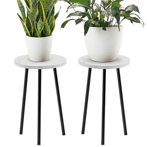Plant Stand Indoor 2 Pack: Corner Wood 20 Inch Plant Stand - Plant Table | Mid Century Modern Decor - Small Round Plant Table for Indoor Plants - Plant Stand for Patio Living Room Bathroom Office - color: White Marble, size: 20"&20"
