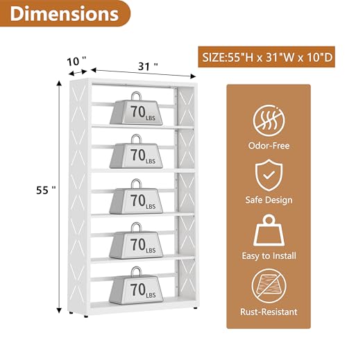Polup Metal Bookshelf, 5 Tier Wide Bookcase with Adjustable Shelves, Tall White Book Shelf with Bookends, Large Display Shelves for Living Room, Home Office, Library - color: White, size: 5 Tier-31" W