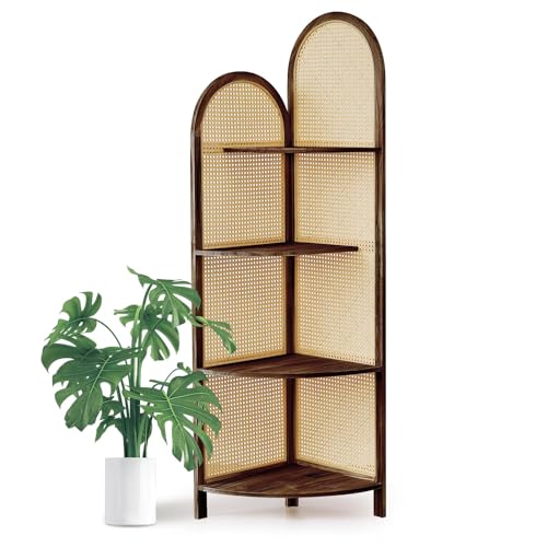 70" Arched Rattan Corner Shelf, 4-Tier 90° Corner Design, Brown | Rattan Display Stand, 4-Tier Corner Storage Rack with Pine Frame for Living Room, Office, Small Spaces, Smooth Rounded Edges - color: Brown