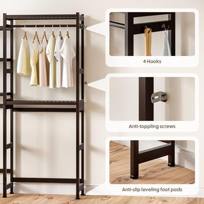 Cozivolife Over The Washer and Dryer Storage Shelf Bamboo,5 Tiers Laundry Room Drying Rack with Adjustable Shelves and 4 Hooks,Space Saver Organizer for Hanging Clothes and Towels (Brown) - color: Brown