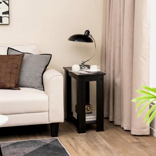 Giantex Narrow End Table Set of 2, 2-Tier Side Table with Open Storage Shelf, Retro Wood Sofa Table Bedside Tables for Small Spaces, Slim Nightstand for Living Room, Bedroom, Easy Assembly, Black - color: Black
