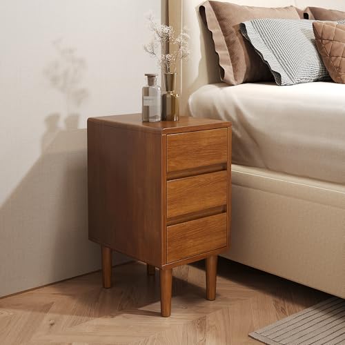 Nightstand with 3 Drawers Narrow Night Stand Solid Wood Bedside Table Mid Century Modern Nightstand Wooden End Table for Bedroom, Study, Office - color: Walnut-3d, size: 15.75''×11.8''×23.62''