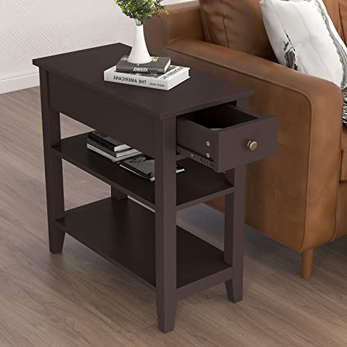 ChooChoo Side Table Living Room, Narrow End Table with Drawer and Shelf, 3-Tier Sofa End Table for Small Space, Espresso - color: Espresso