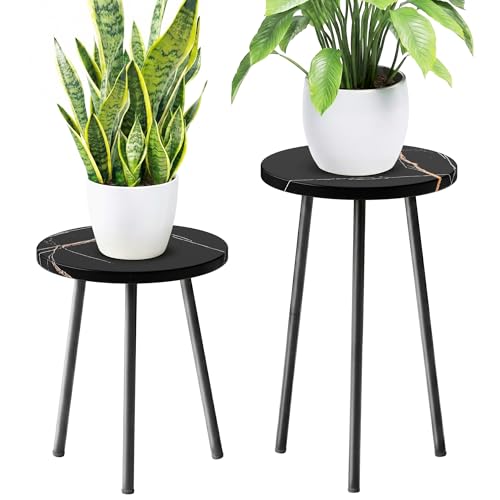 Plant Stand Indoor Tall: Corner Wood Plant Stand 2 Pack Mid Century Modern Decor - Small Round Plant Table for Indoor Plants - Outdoor Plant Holder for Patio Living Room Office (Black Marble) - color: Black Marble, size: 14"&20"