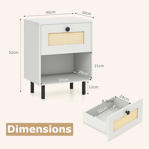 Giantex Rattan Nightstand with Drawer, Modern Bed Side Table w/ 4 Metal Legs and Open Storage Shelf, Wood Boho End Table for Small Spaces, White Night Stand for Bedroom Office - color: White