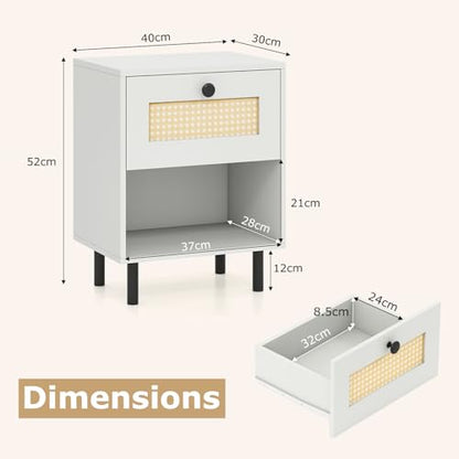 Giantex Rattan Nightstand with Drawer, Modern Bed Side Table w/ 4 Metal Legs and Open Storage Shelf, Wood Boho End Table for Small Spaces, White Night Stand for Bedroom Office - color: White