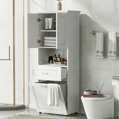 Tall Storage Cabinet, Bathroom Floor Freestanding Storage Cabinet with 2 Doors, One Drawer, and Tilt-Out Laundry Hamper for Bathroom, Office, Living Room, White - color: White/2 Doors