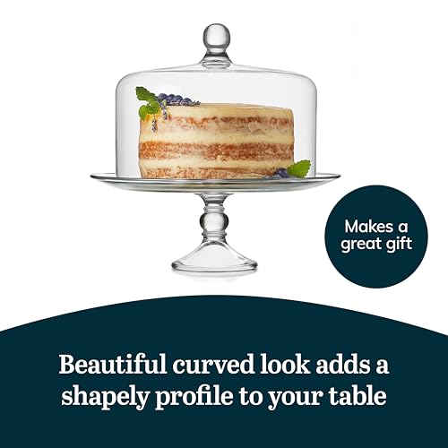 Libbey Selene Glass Cake Stand with Dome Lid, Elegant Curved Footed, Covered Cake Stand, Versatile Serving Dish for Variety of Desserts and More | Curved Pedestal Showcases Pastries, Cupcakes, Pies, Clear Cover Keeps Sweets Fresh for Parties and Tidy Serv