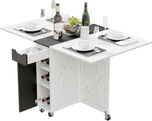 White Marble Mobile Folding Dining Table - 6-Wheel Rolling Kitchen Cart with Storage, Drop Leaf Design for Small Spaces, Suitable for Kitchen, Dining Room, Apartment - color: Black