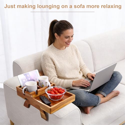 Couch Armrest Table, Acacia Wood Sofa Arm Table with 2 Cup Holders, 15.4"x9.8" Large Foldable Clip on Couch Arm Tray Table with Remotes Storage Slot - color: Acacia