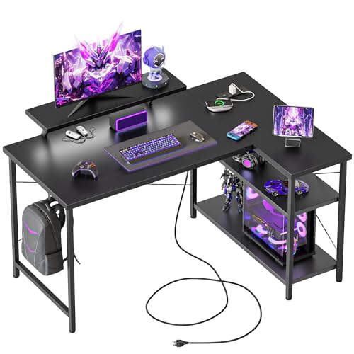 Mericonia Small L Shaped Computer Desk with Power Outlets, Reversible Gaming Desk with Storage Shelves & Monitor Stand, Corner Gamer Desk Table, Study Writing Table - color: Black, size: 48 inch