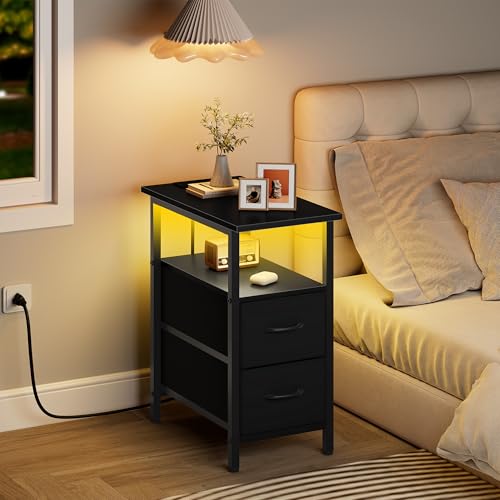 Vagusicc Set of 2 Black Nightstand with Charging Station and LED Lights, Narrow Side Table, LED Night Stand with 2 Fabric Drawers, Bedside Table Small End Table, Tall Nightstand for Bedroom, Black - color: Black, size: 2, style: With LEDs