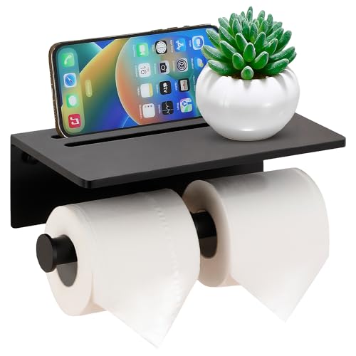 Toilet Paper Holder - Aluminium Double Roll Toilet Tissue Holder with Mobile Phone Shelf for Bathroom, 3M Self Adhesive No Drilling or Wall-Mounted with Screws, Rustproof Modern Style Black - color: Black-2 Roll