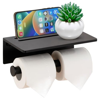 Toilet Paper Holder - Aluminium Double Roll Toilet Tissue Holder with Mobile Phone Shelf for Bathroom, 3M Self Adhesive No Drilling or Wall-Mounted with Screws, Rustproof Modern Style Black - color: Black-2 Roll