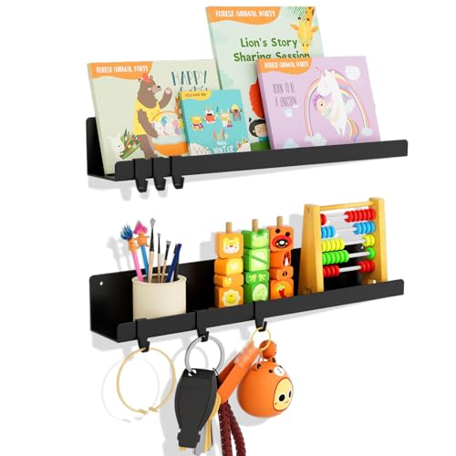 17 Inch Black Metal Magnetic Floating Shelves, Book Shelf 2-Pack | Strong magnetic shelf holds 14.33 lbs. Fits whiteboards, fridges, steel. Reusable, no drill. Great for classrooms.