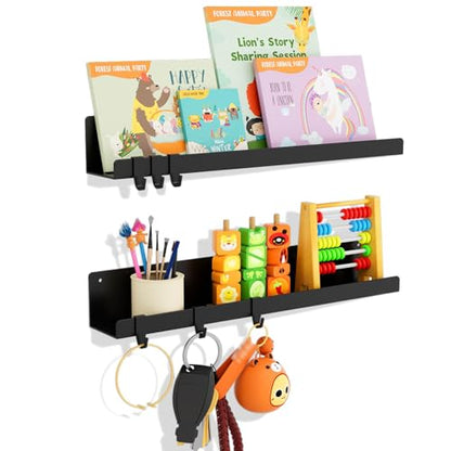 17 Inch Black Metal Magnetic Floating Shelves, Book Shelf 2-Pack | Strong magnetic shelf holds 14.33 lbs. Fits whiteboards, fridges, steel. Reusable, no drill. Great for classrooms.