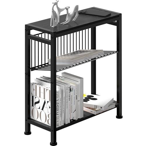 Side Table for Small Spaces, Narrow End Table with Adjustable V-Shaped Magazine Rack, 7.1"D x 17"W x 21.7"H, Black - color: Black, size: 1-pcs