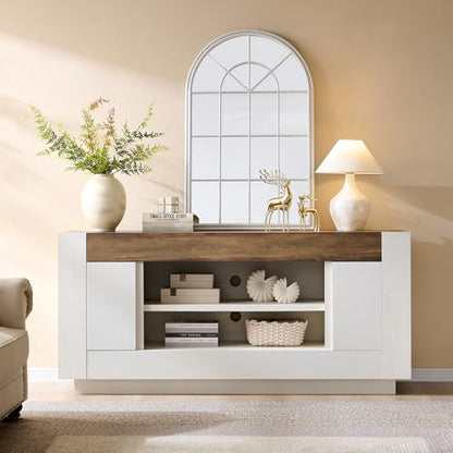 OKD Modern 70" TV Stand, Entertainment Center for TVs Up to 80", Media Console with Large Open Storage & Side Cabinets, Thick Wood Design for Living Room, Antique White - color: Antique White