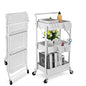 Foldable 3 Tier Metal Utility Rolling Cart, Folding Mobile Multi-Function Storage Trolley Organizer Cart for Home Library Office(White) - color: White