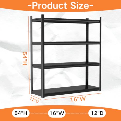 Garage Shelving, Heavy Duty Storage Shelves, Adjustable Boltless Units | Metal Shelving with Double Layer Posts, Industrial Steel Shelving for Garage Basement Warehouse Kitchen, Black, 54H*16W*12D - size: 16W*54H*12D-4T