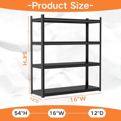 Garage Shelving, Heavy Duty Storage Shelves, Adjustable Boltless Units | Metal Shelving with Double Layer Posts, Industrial Steel Shelving for Garage Basement Warehouse Kitchen, Black, 54H*16W*12D - size: 16W*54H*12D-4T