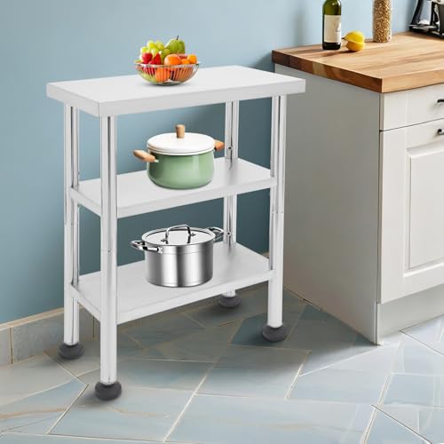 24"x14"x35" 3-Tier Industrial Work Table, Heavy Duty Stainless Steel Workstation with Adjustable Shelves, 305 lbs Top Load, 4 Swivel Casters and Leveling Feet for Small Spaces - size: 24 X 14 X 35 Inches