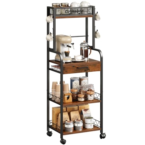 HavenlyYouth Coffee Station Organizer - 5 Tier Coffee Bar Cart with Wheels and Storage, Pod Drawers and 4 Hooks for k Cup Organizer, Tea Bar, Living Room, Kitchen,Office